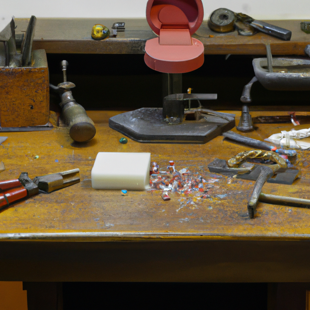 Workbench with handmade jewelry tools and sparkling gems